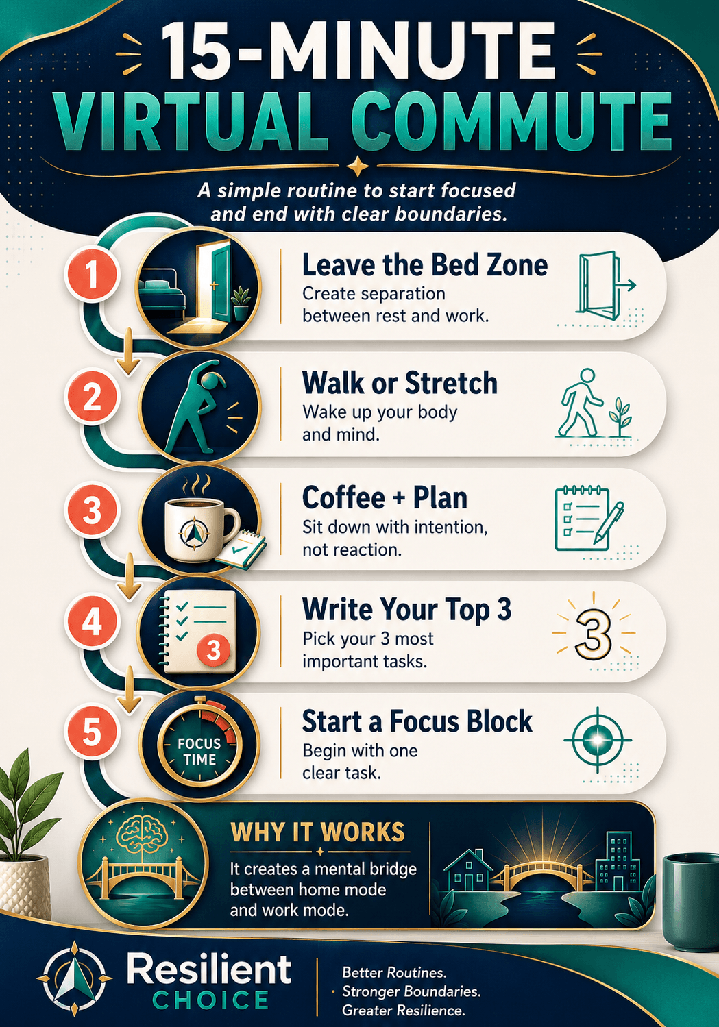 Virtual commute routine infographic showing five simple steps to start and end the work from home day with better focus and boundaries.