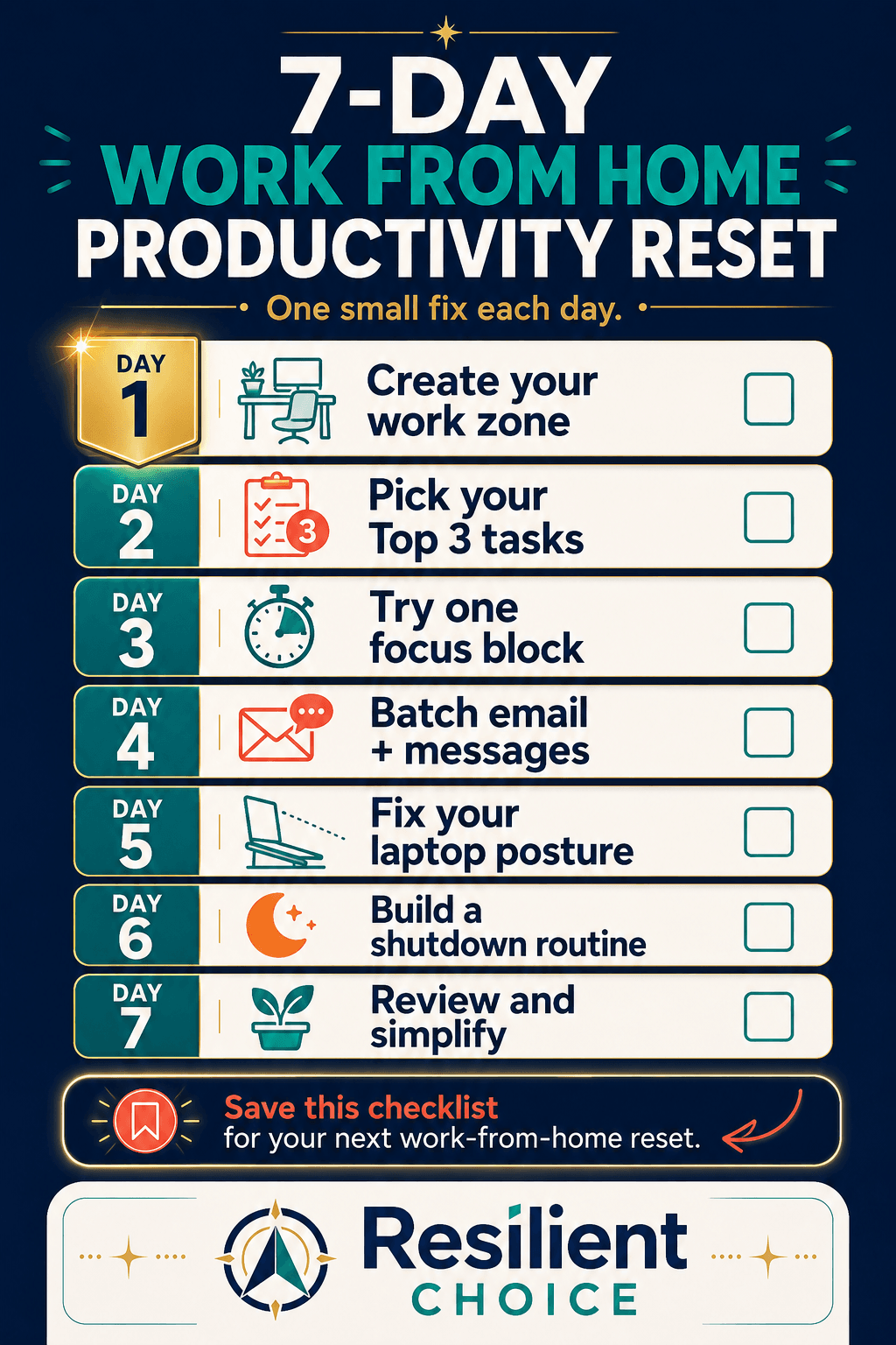 Seven day work from home productivity reset checklist with modern branded design for beginners.