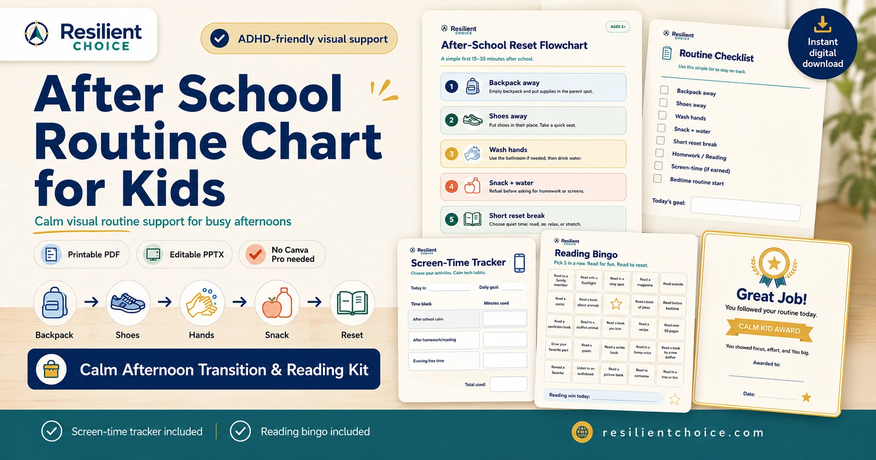 After school routine chart for kids printable transition and reading kit preview