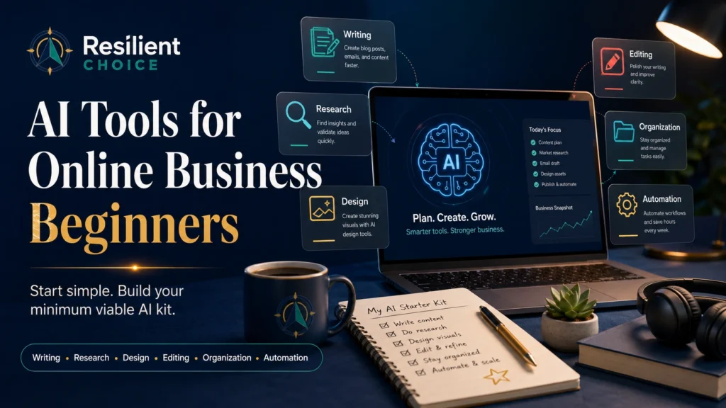 AI tools for online business beginners shown as writing, research, design, productivity, and automation cards on a modern branded workspace.