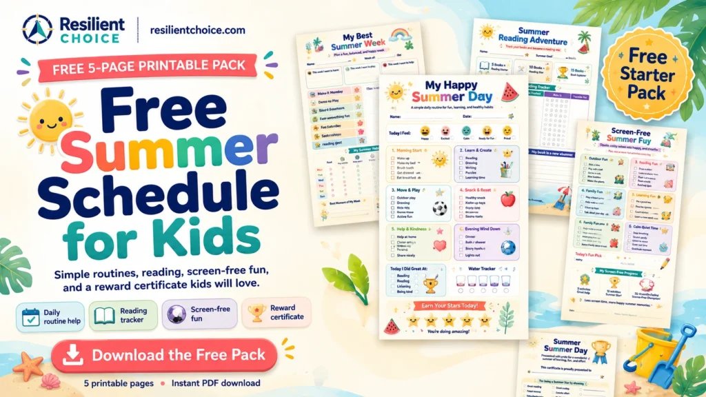 Free summer schedule for kids printable starter pack with daily schedule, weekly planner, reading tracker, activity checklist and certificate.