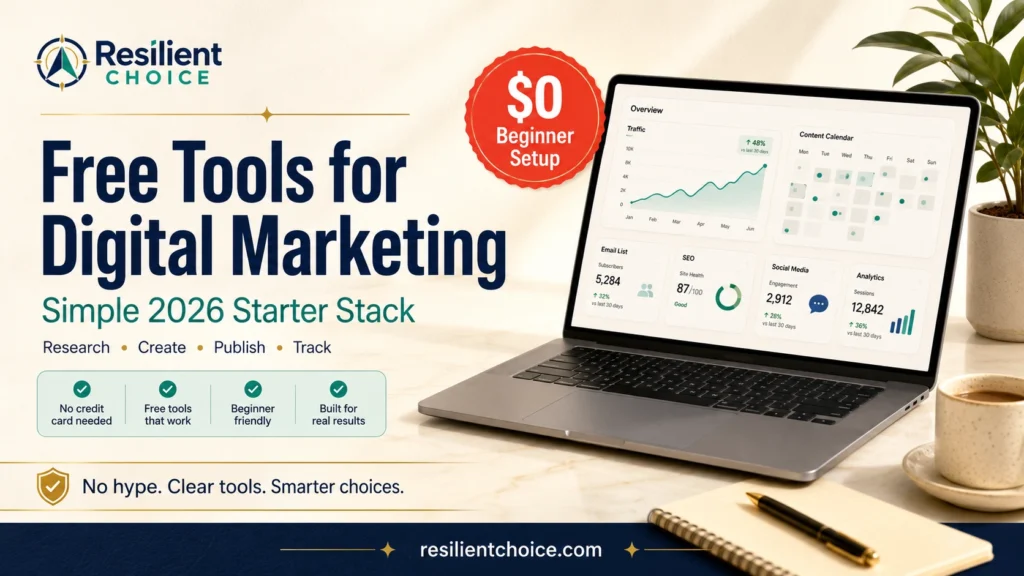 Featured image for free tools for digital marketing beginners, showing a clean workspace with a marketing dashboard and 2026 beginner setup badge.
