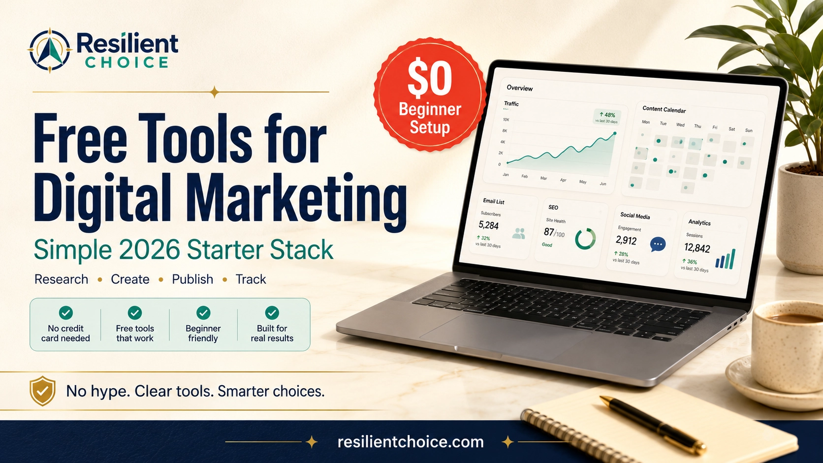 Featured image for free tools for digital marketing beginners with a simple 2026 starter stack