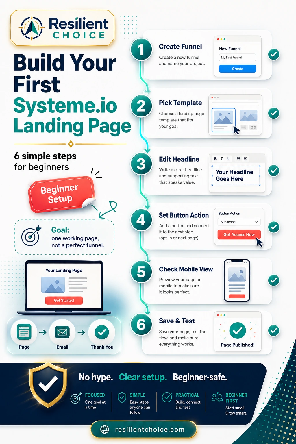 Step-by-step workflow showing how beginners can build a Systeme.io landing page by creating a funnel, choosing a template, editing the page, checking mobile view, and saving.