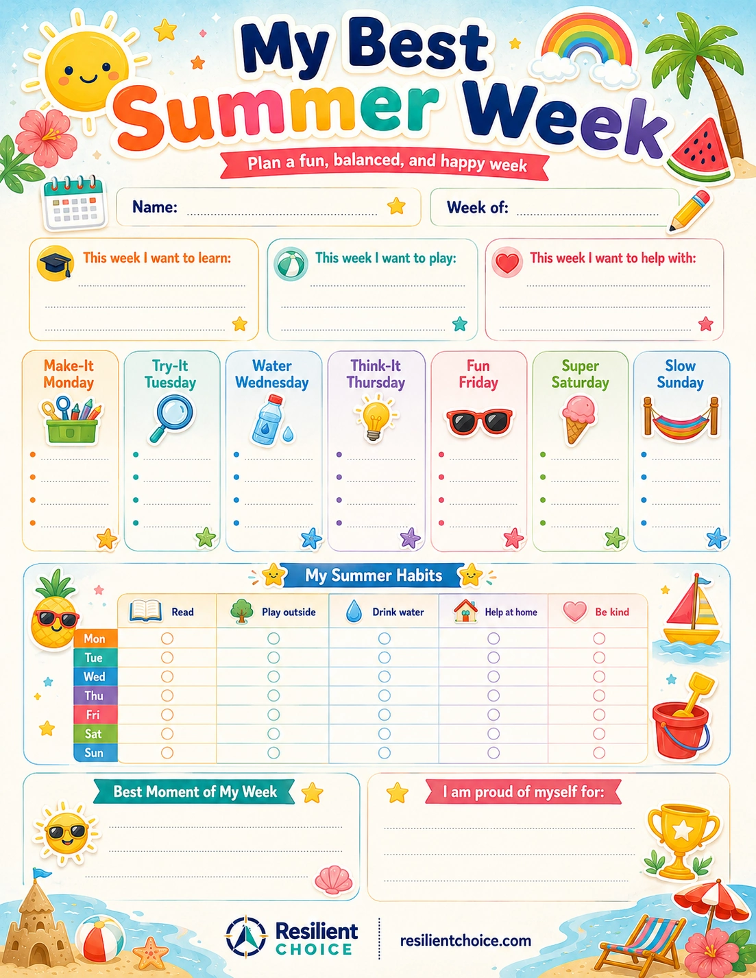 weekly summer planner printable for kids preview