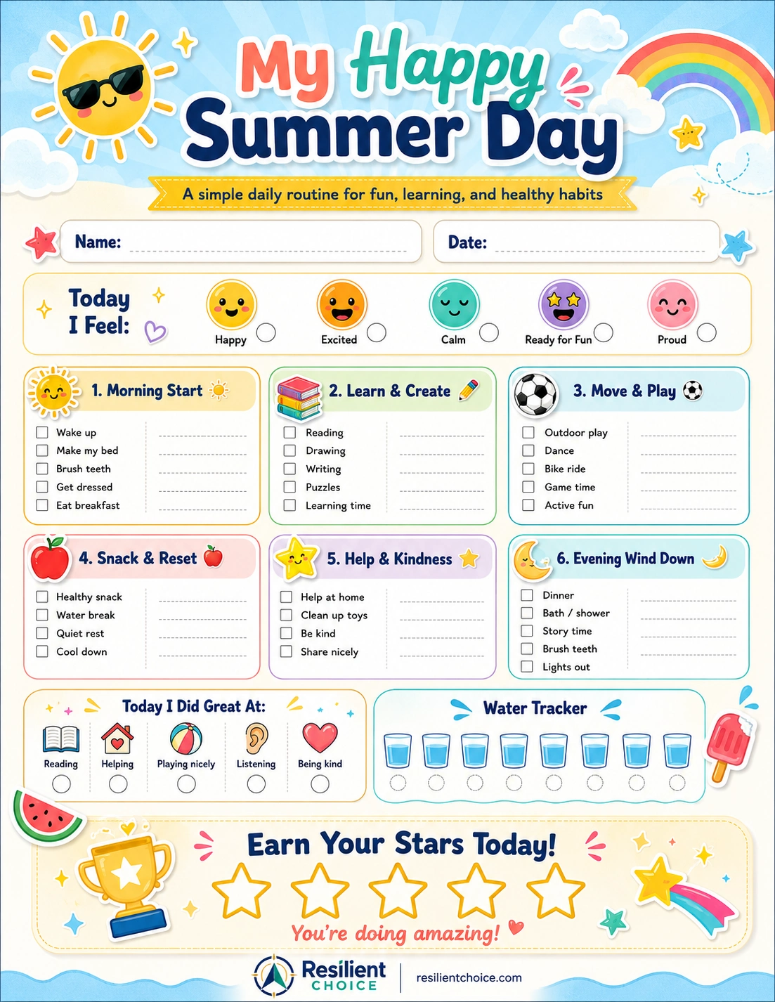 summer schedule for kids daily printable page preview