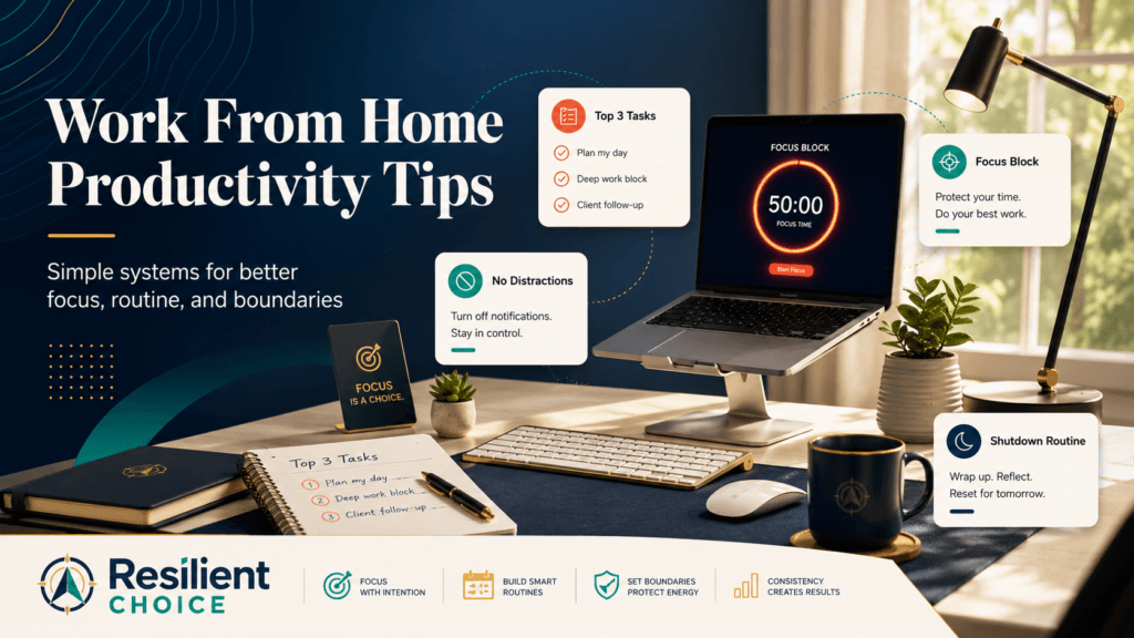 Modern work from home desk setup with productivity cards, top 3 tasks, and focus elements for beginners.