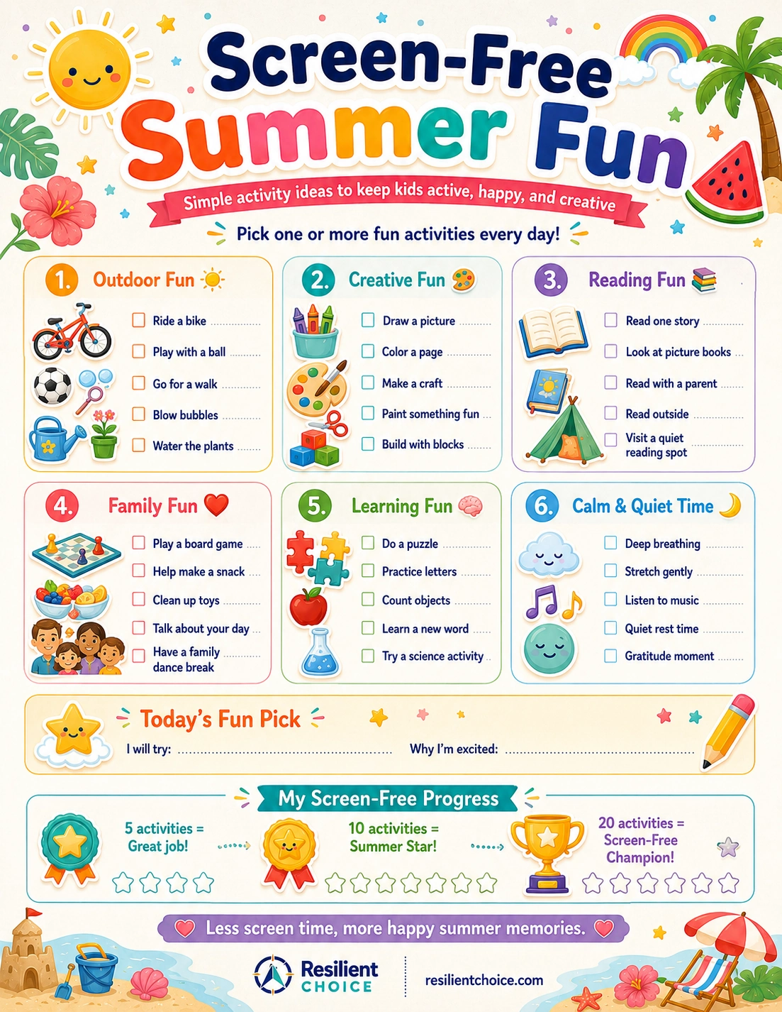 screen-free activities for kids printable checklist preview