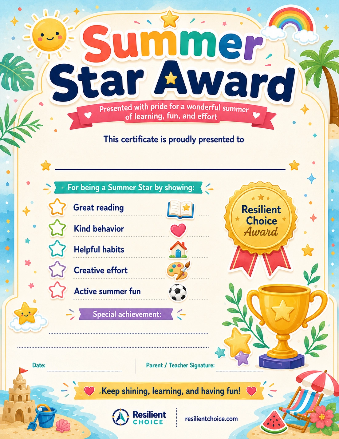 summer reward certificate printable for kids preview
