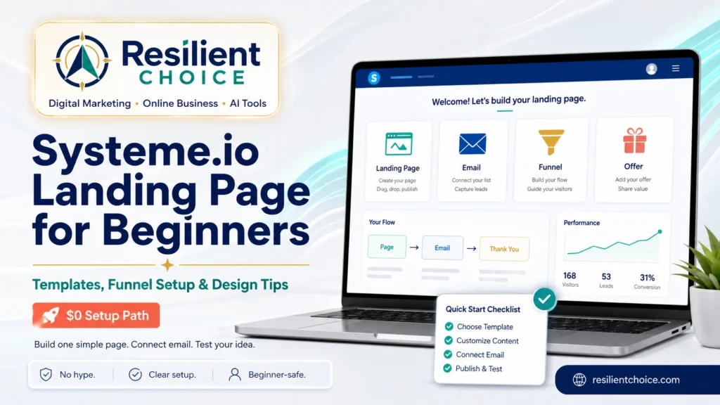 Premium Resilient Choice featured image for a beginner guide to building a Systeme.io landing page, choosing templates, connecting email, and setting up a simple funnel.