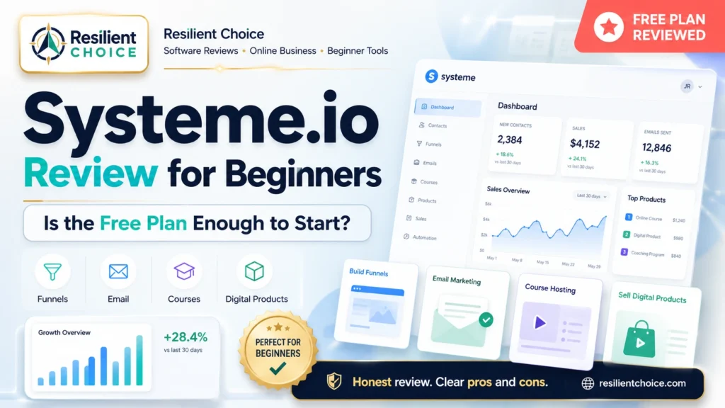 Featured image for a Systeme.io review for beginners showing the free plan, funnels, email marketing, courses, and digital product tools in a premium Resilient Choice layout.