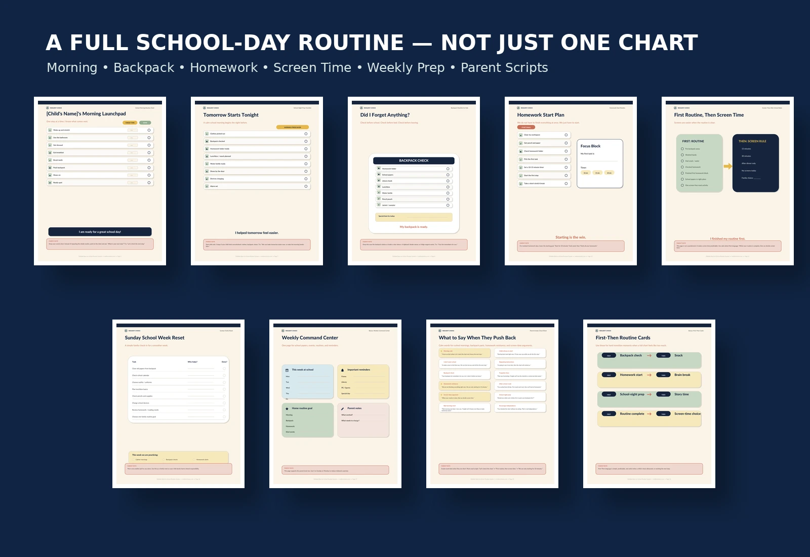Printable back-to-school routine system showing morning routine chart, school-night checklist, backpack checklist, homework plan and parent scripts
