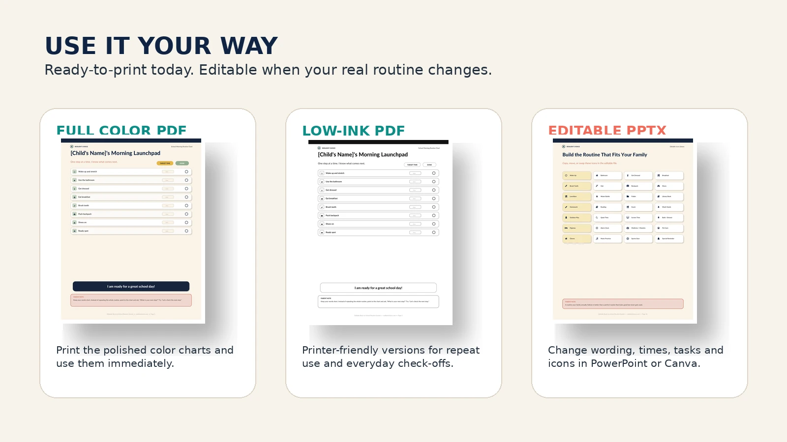 Editable back to school visual schedule with full-color PDF, low-ink PDF and editable PowerPoint formats