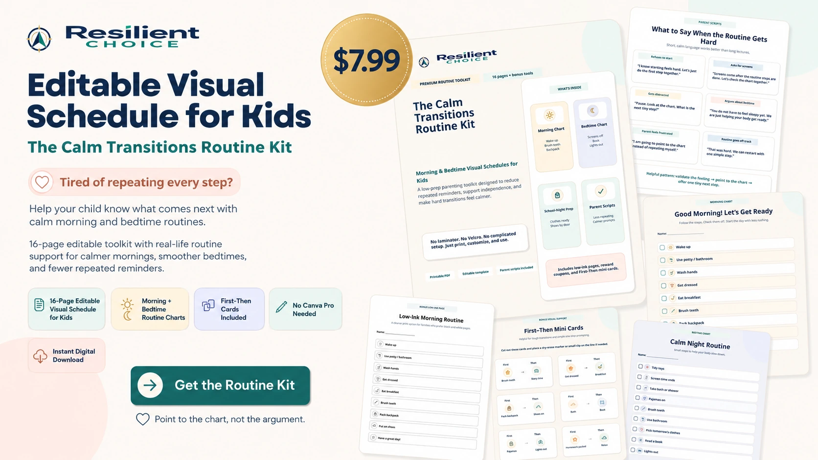 Editable visual schedule for kids morning and bedtime routine chart with First-Then cards, parent scripts, and low-ink pages
