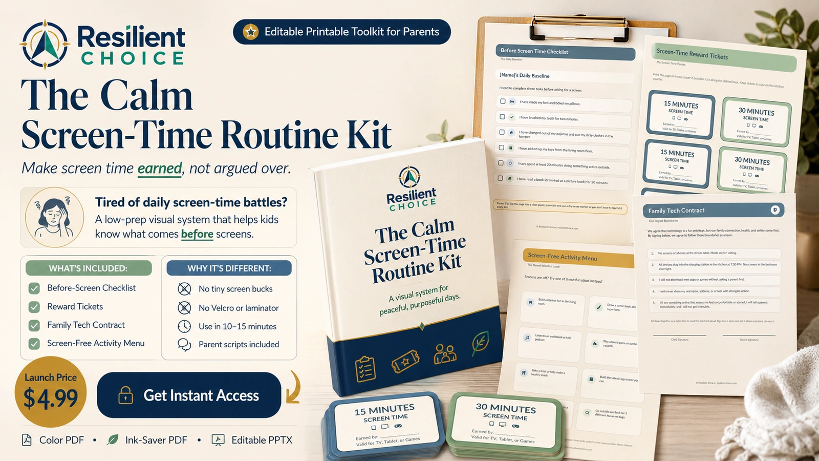 Screen time rules checklist for kids product preview with reward tickets, family tech contract, before screen time checklist, and screen-free activity menu